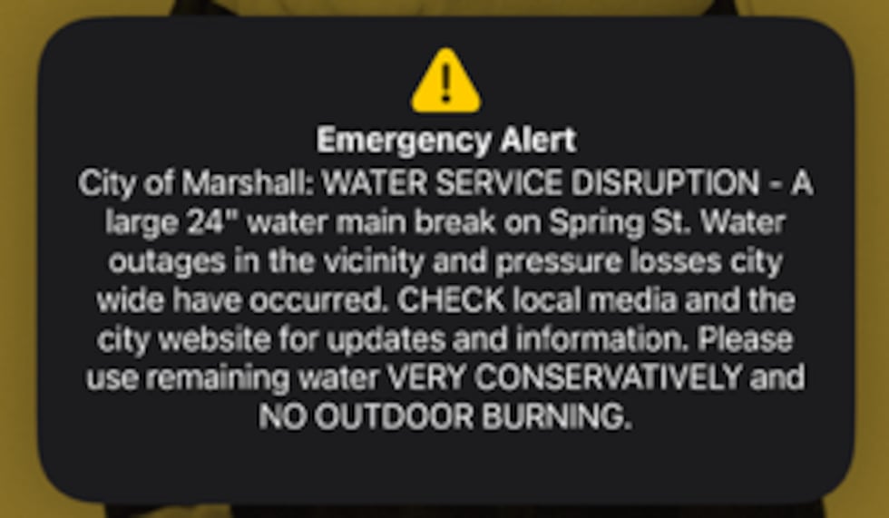 A 24-inch water main has broken in Marshall, Texas.