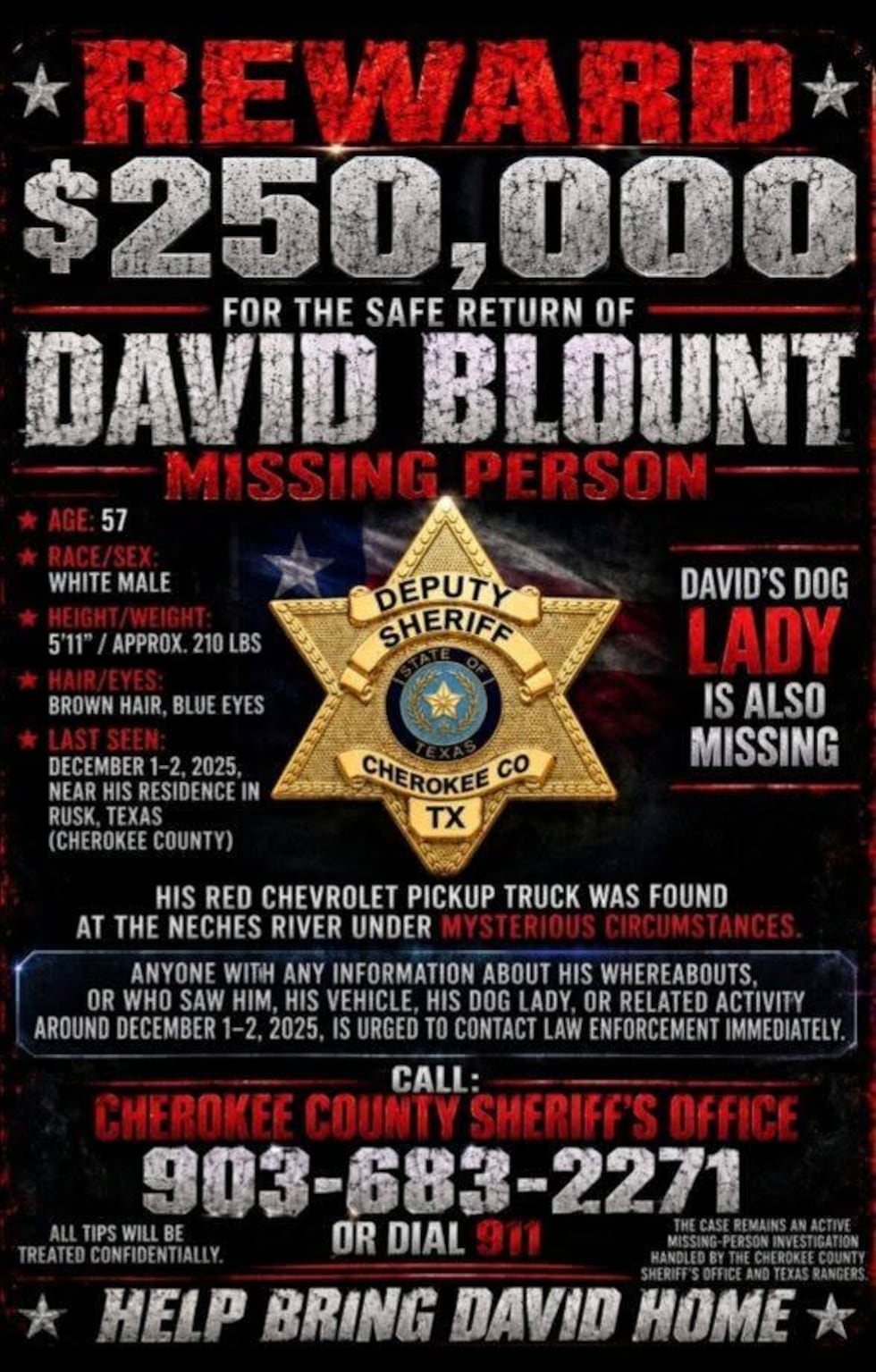 Reward increased to $250K in search for missing Cherokee County man
