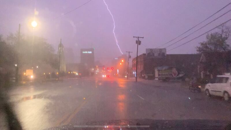 Lightning strikes near the downtown Tyler square as storms rolled through East Texas Wednesday...