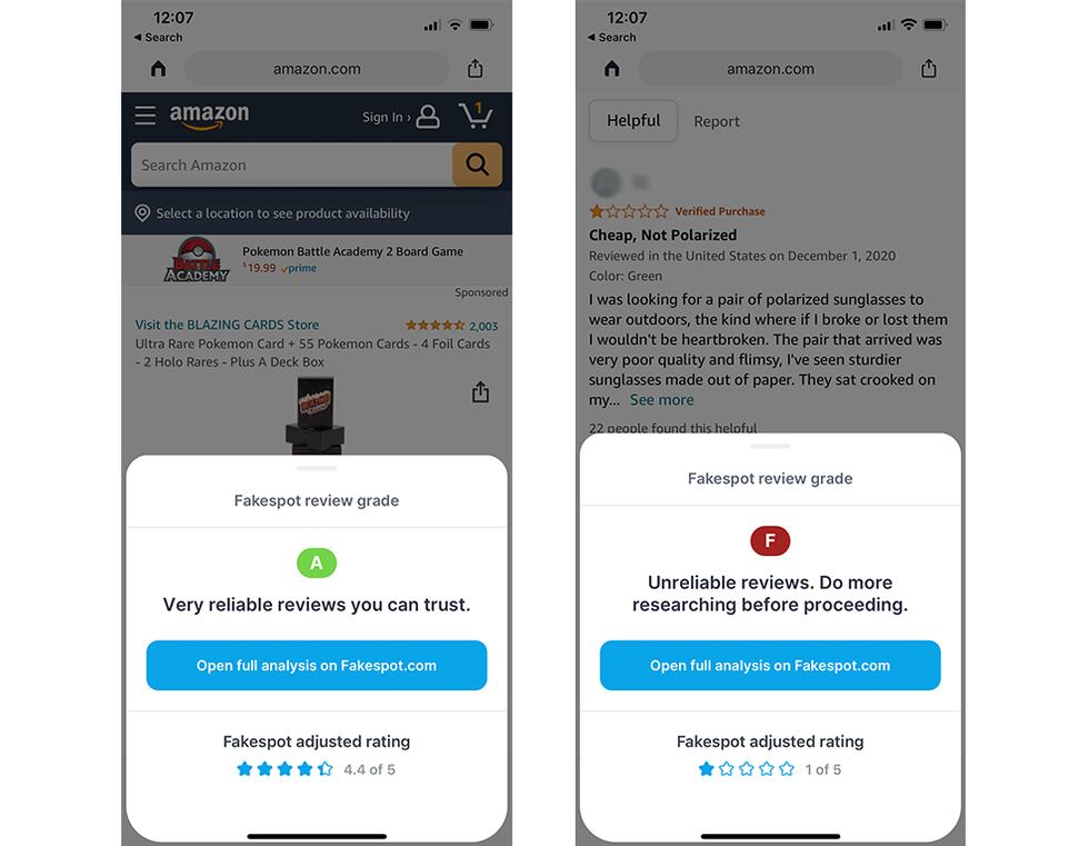 Comparación del sistema de calificaciones que los usuarios ven en la aplicación de FakeSpot....