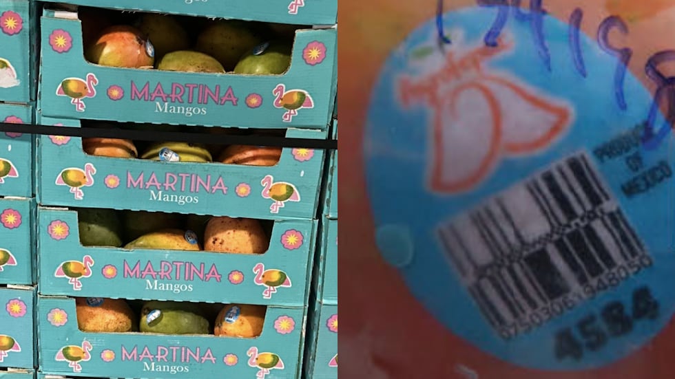 The recalled mangoes are marked with a light blue sticker with the word “Agrofepac” on them.