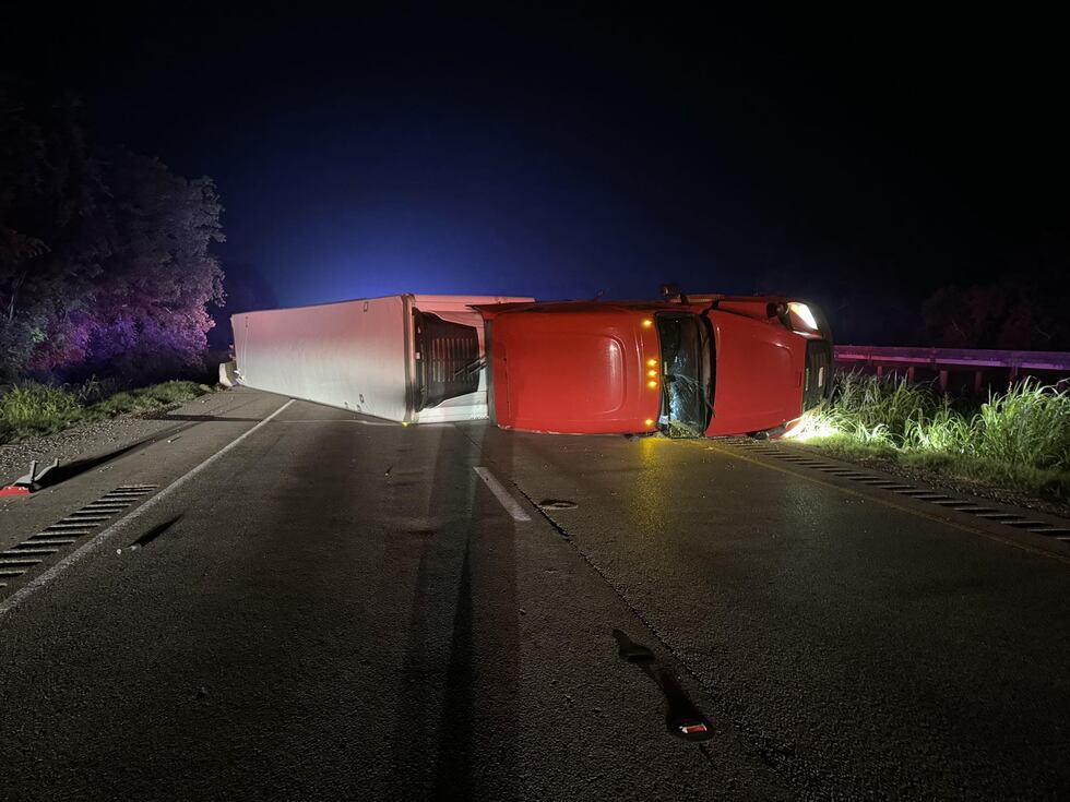 Overturned semi-truck on I-20