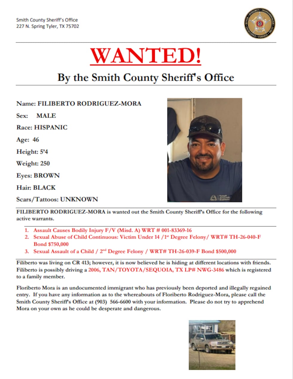 Hombre hispano buscado por abuso sexual continuo de un menor en el condado de Smith