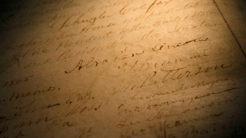 FILE - This Nov. 29, 2011, file photo shows the signature of president Abraham Lincoln on a...