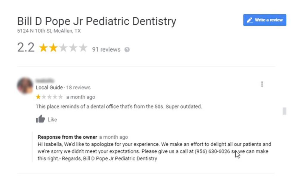 Screenshot of Isabella leaving another fake review on a Texas dentist office.