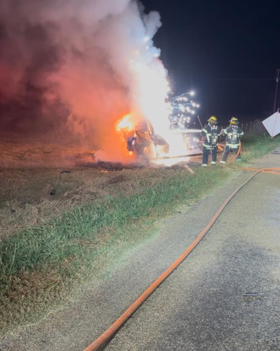 Volunteer firefighters responded to a burning vehicle after it crashed in Payne Springs.