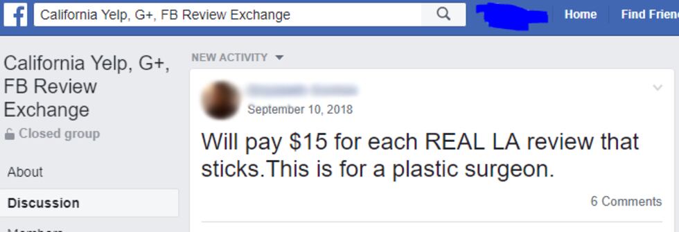 Una publicación en Facebook que ofrece dinero a cambio de reseñas por $15. Kay Dean expuso...