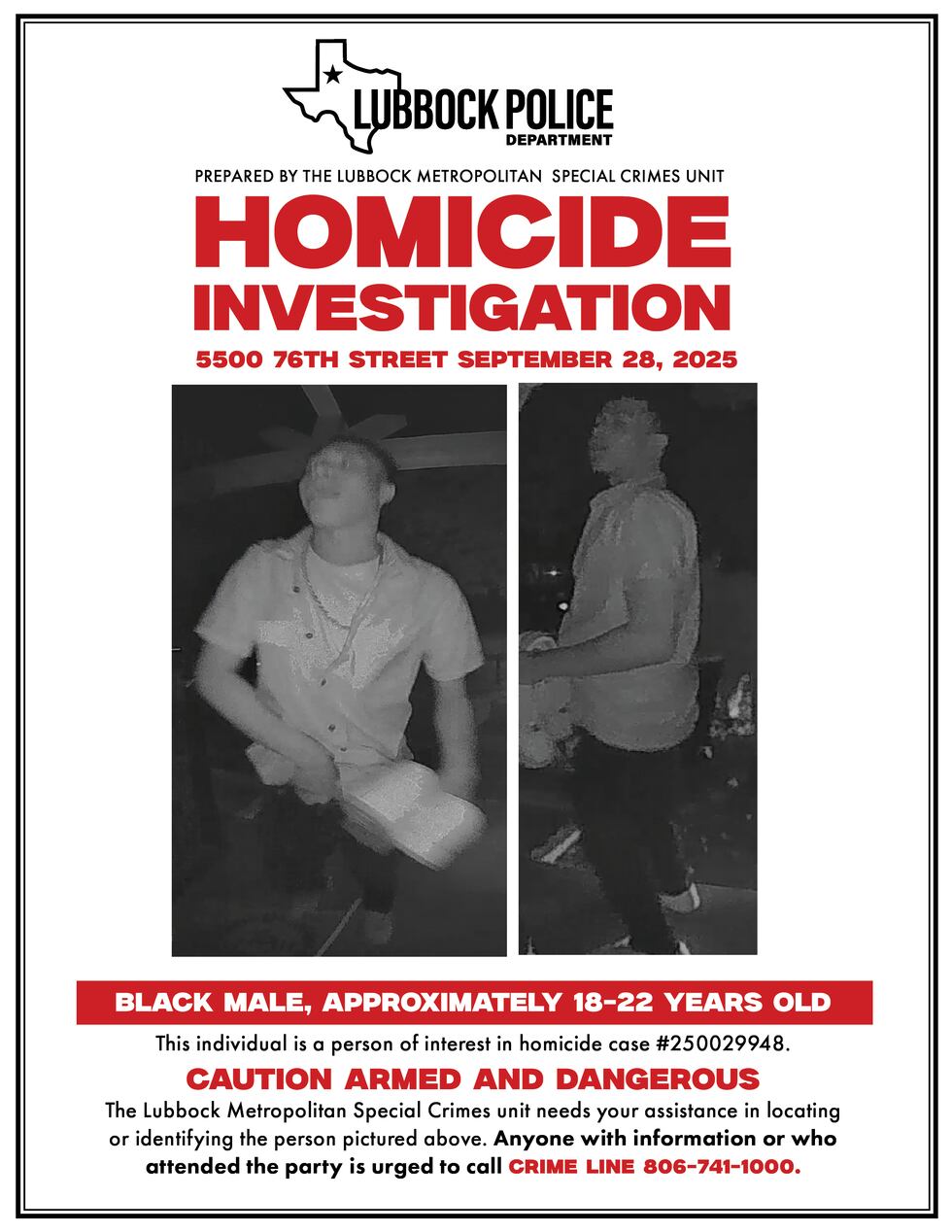 Attempt to Locate Subjects in Connection to South Lubbock Homicide