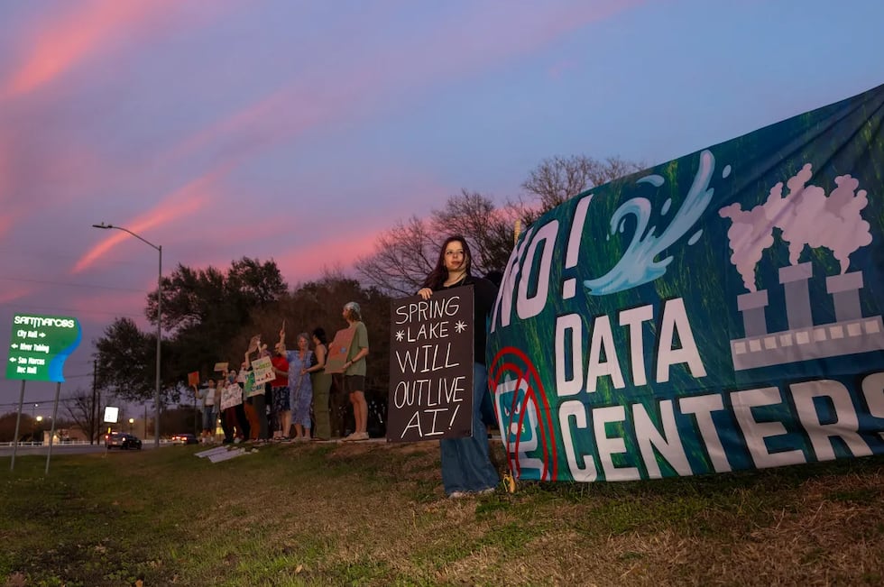 San Marcos residents protest a proposed AI data center during a City Council meeting on Feb....