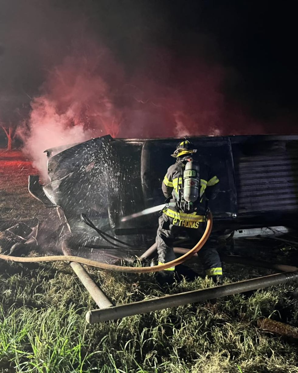 Volunteer firefighters responded to a burning vehicle after it crashed in Payne Springs.