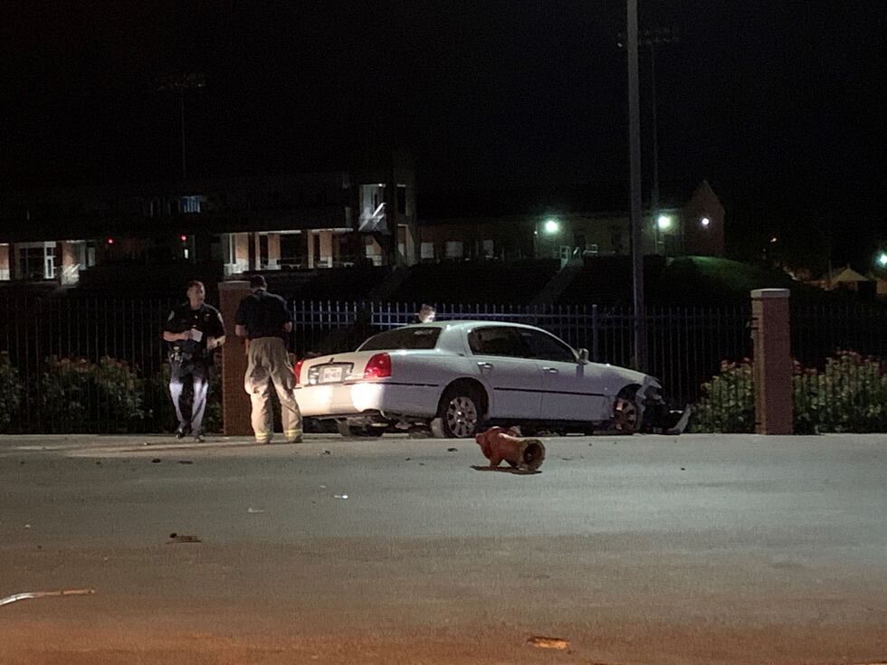 Car crash lifts fire hydrant from the concrete outside Rose Stadium