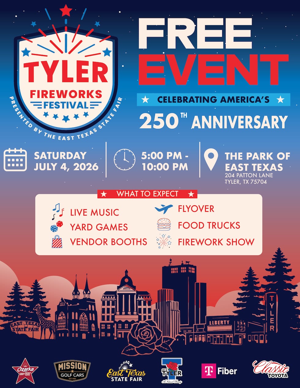 The City of Tyler’s fireworks has moved to a different venue for their 2026 celebration.
