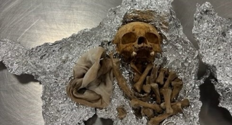 A foil-wrapped duffel bag containing what looked like human remains, including part of a skull...