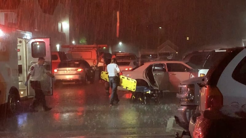 EMS treat victim in the back seat of a sedan before placing them on a stretcher.
