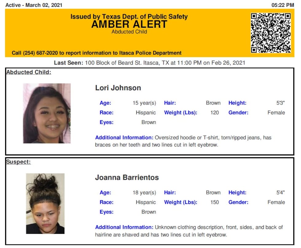 Lori Johnson is the subject of an Amber Alert. She has not been seen since Feb. 26.